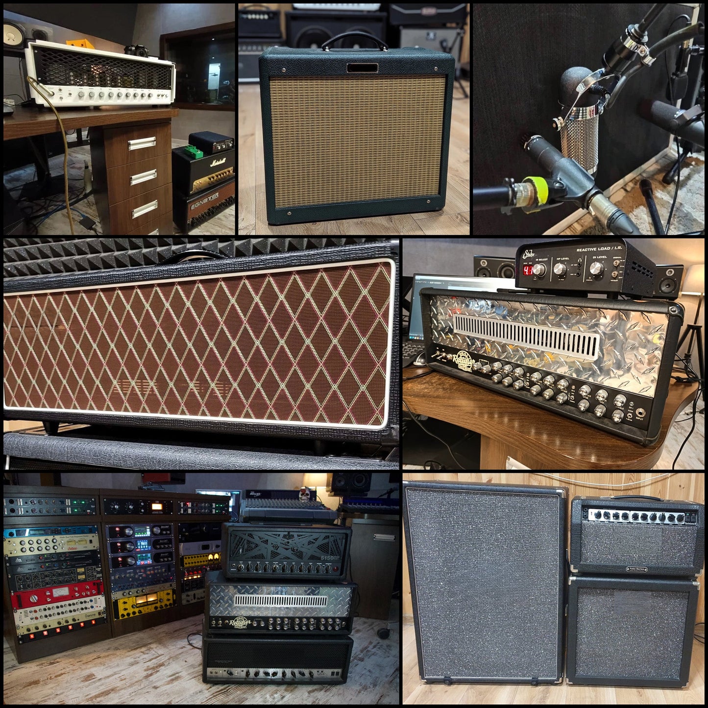 Collage of guitar amplifiers and recording equipment, showcasing various models and setups in a studio environment.