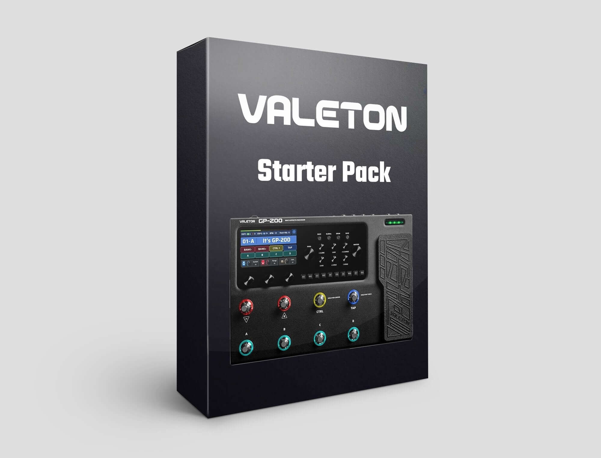 Valeton GP-200 Starter Pack box showcasing presets for clean to high-gain guitar tones, compatible with Valeton GP series.
