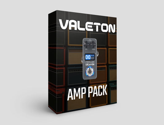 Valeton GP-5 Amp Pack box showcasing customizable presets and guitar amp captures for versatile sound.